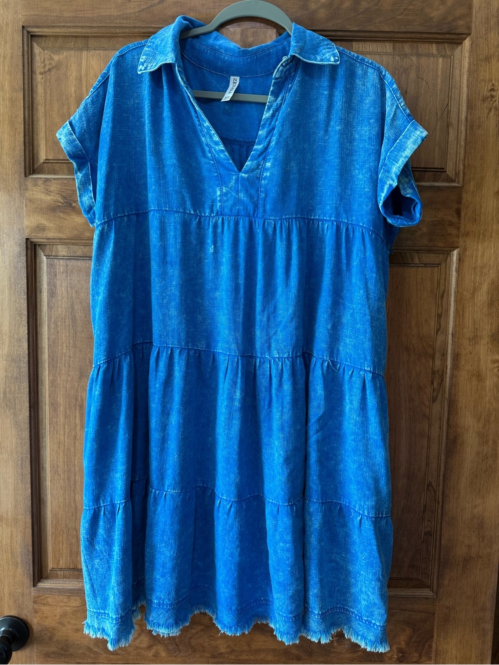 Women's Blue Tiered Maxi Dress with Collared V-Neck